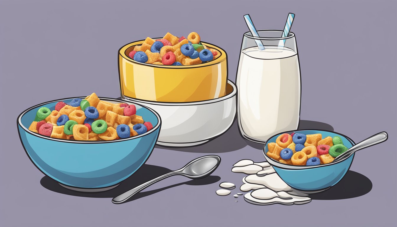 A bowl of French toast crunch and Kellogg's Froot Loops side by side, with a spoon and milk