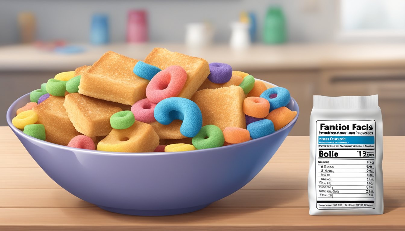 A bowl of French Toast Crunch and a bowl of Froot Loops side by side, with a measuring tape and a nutrition label in the background