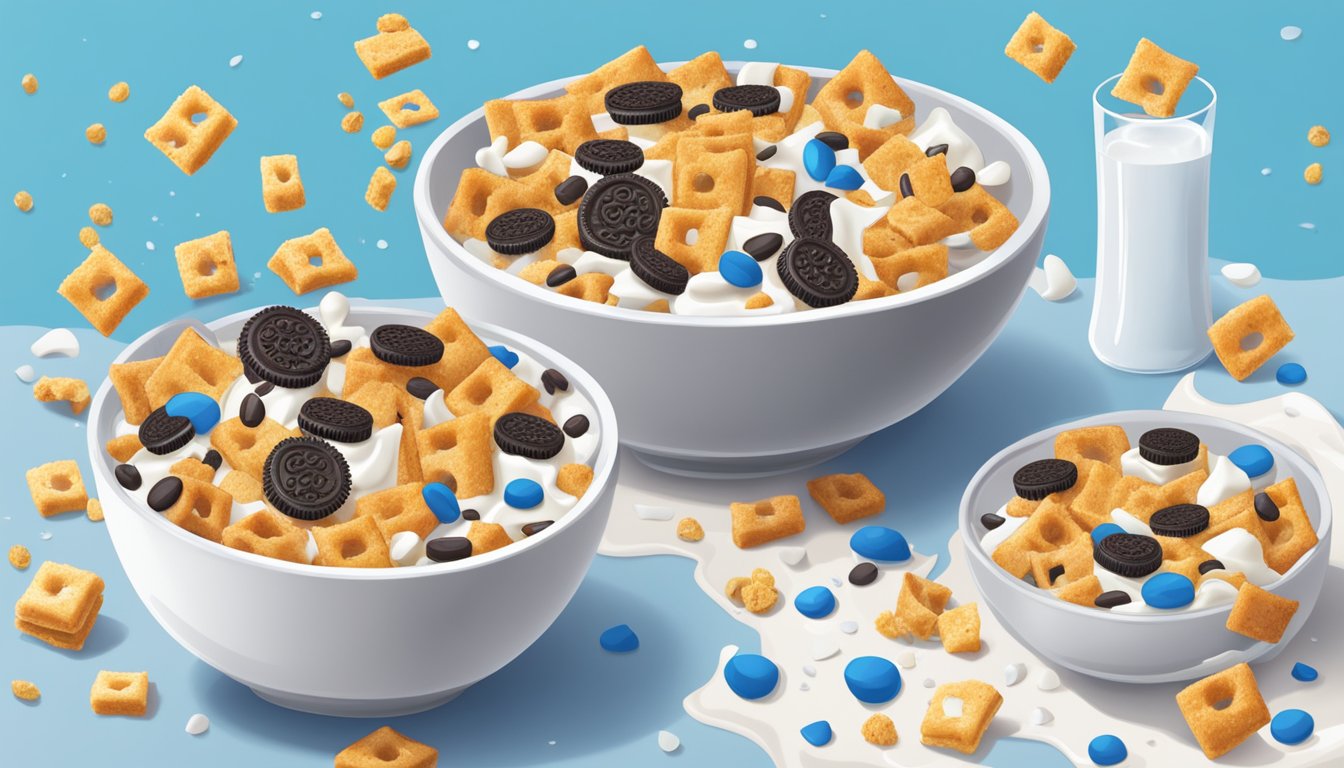 A bowl of French Toast Crunch and Oreo O's side by side, surrounded by scattered cereal pieces and milk splashes