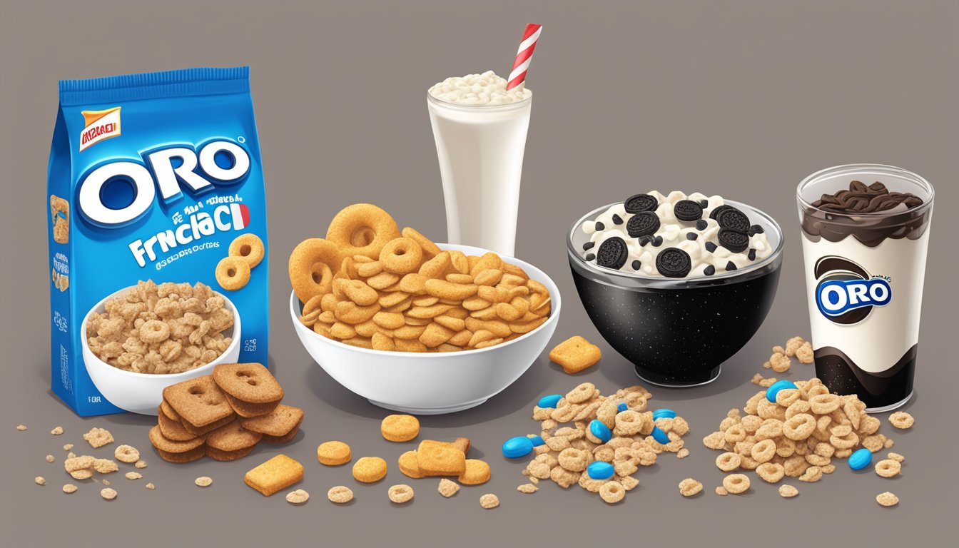 A bowl of French Toast Crunch and Oreo O's next to each other, surrounded by various cereal ingredients like oats, wheat, and sugar