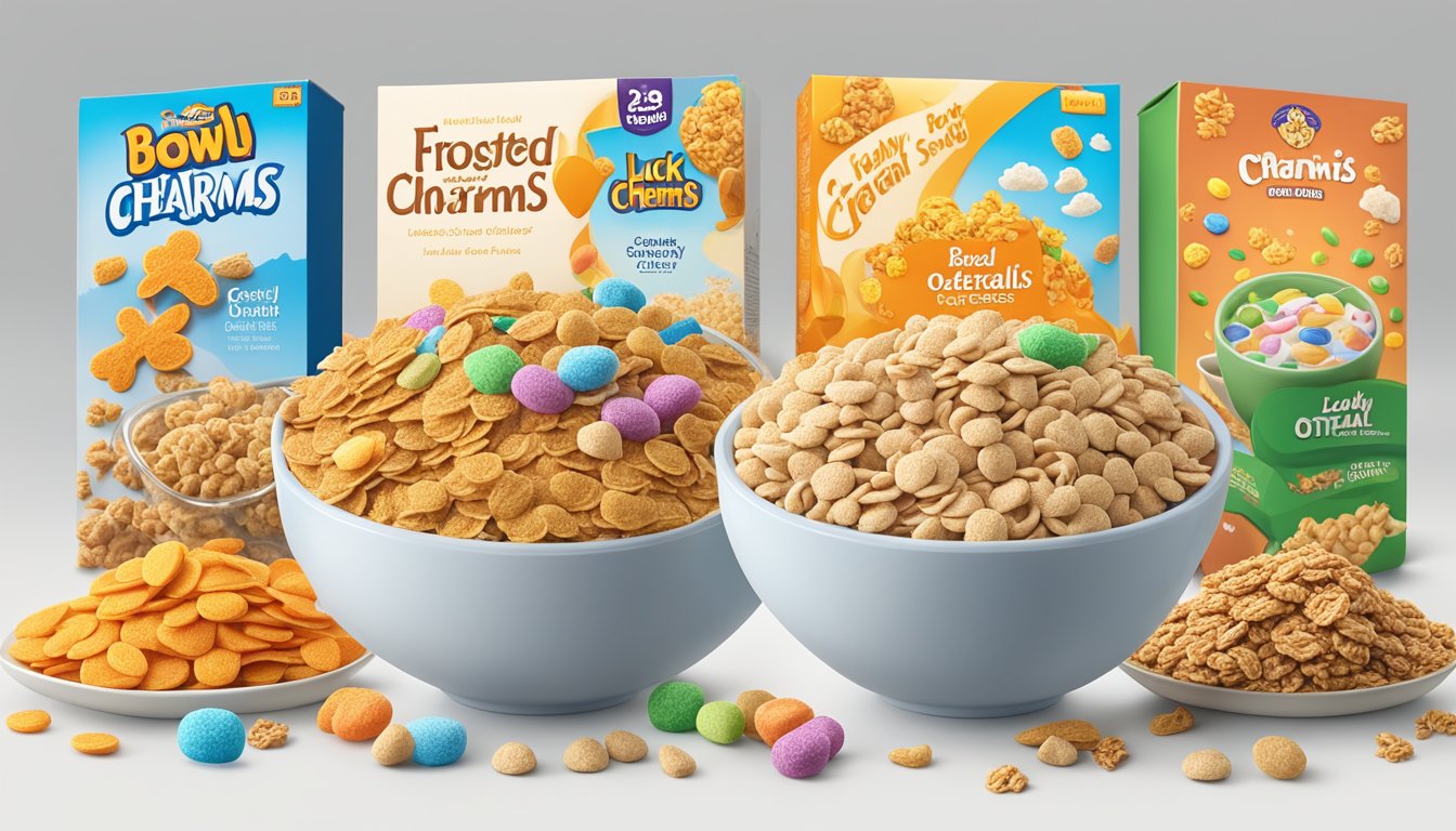 A bowl of frosted flakes and lucky charms side by side, surrounded by various healthy cereal options such as granola, bran flakes, and oatmeal