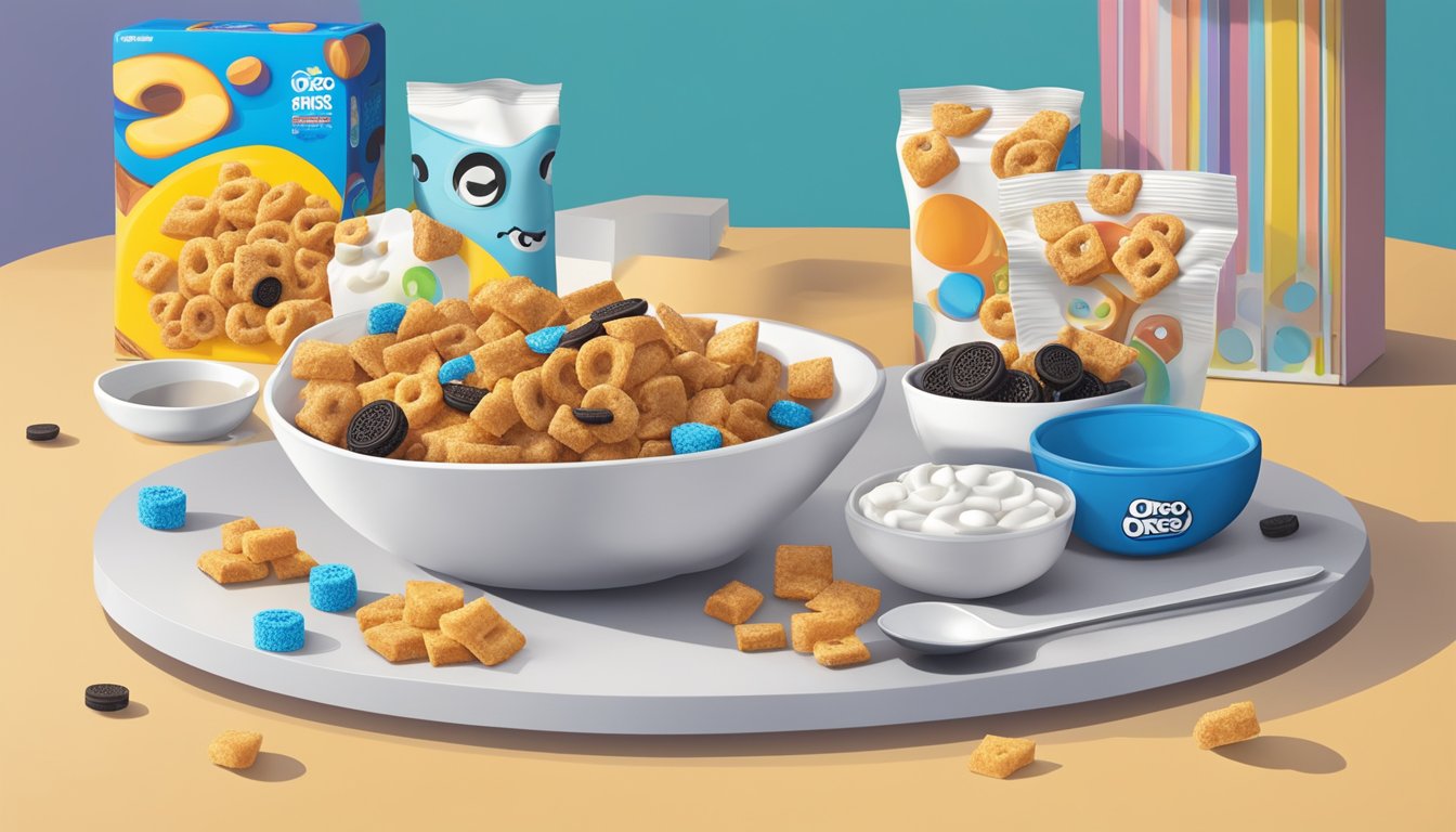 A bowl of French toast crunch and Oreo O's sits on a table, surrounded by colorful cereal boxes. A spoon rests next to the bowls