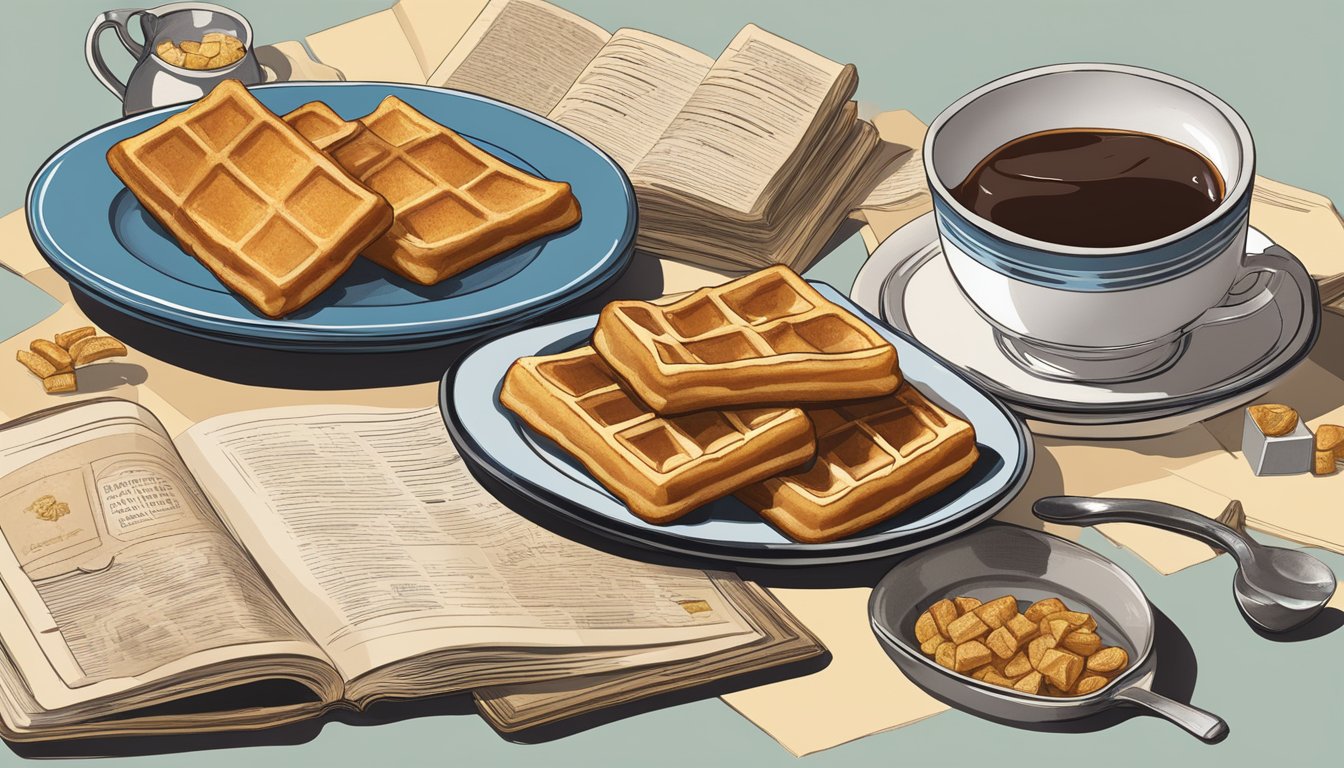 A breakfast table with a plate of French toast crunch and waffle crisp, surrounded by vintage cookbooks and historical documents