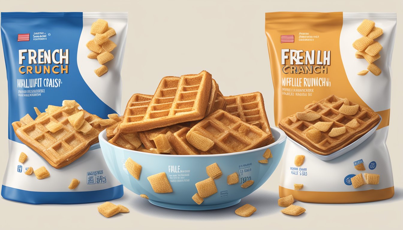 A bowl of French toast crunch and a bowl of waffle crisp side by side, with a nutrition label next to each, comparing their respective nutritional profiles