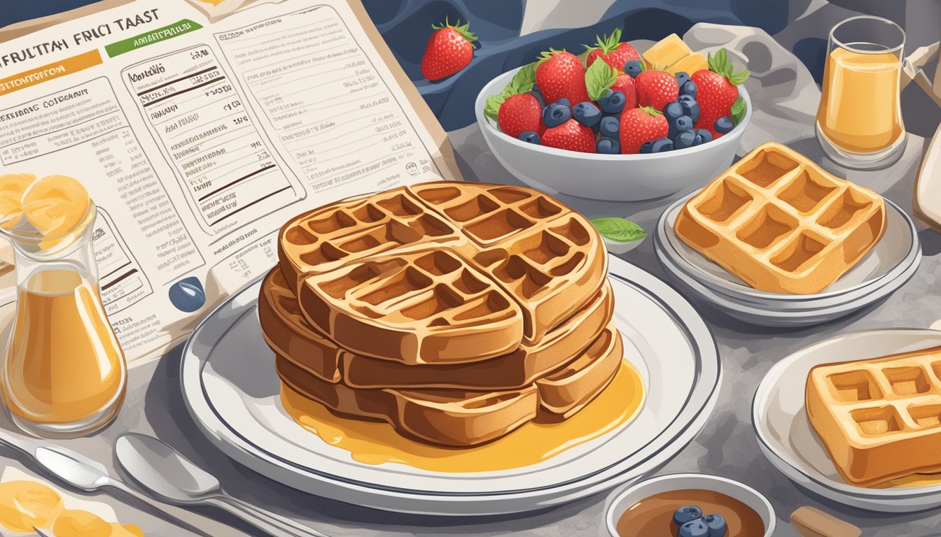 A plate with French toast and waffles, surrounded by nutritional information labels