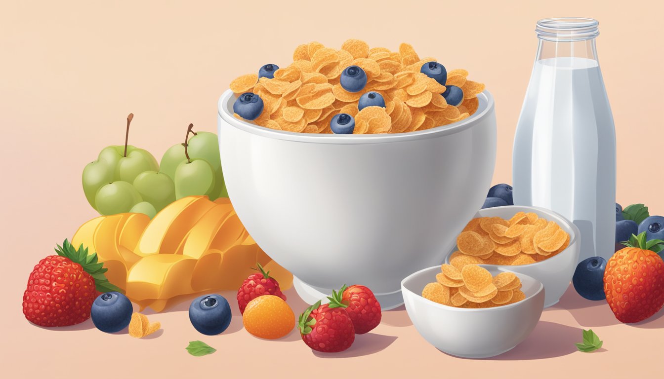 A bowl of frosted flakes next to a bowl of Special K, surrounded by various fruits and a glass of milk