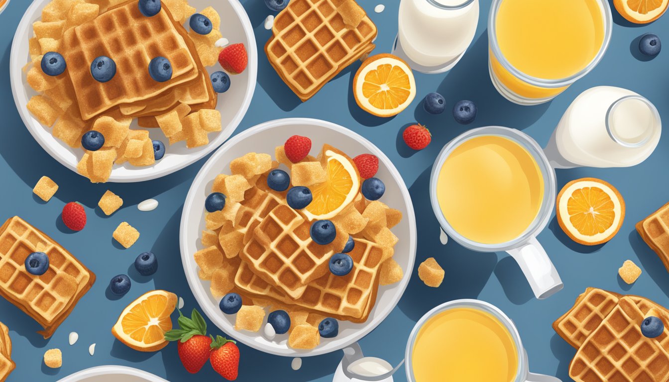 A bowl of French Toast Crunch and Waffle Crisp cereal with milk, surrounded by fresh fruit and a glass of orange juice