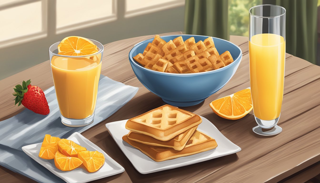 A breakfast table with a bowl of French toast crunch and a bowl of waffle crisp, surrounded by fresh fruit and a glass of orange juice