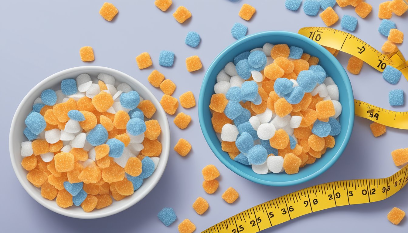 A bowl of Frosted Flakes and Trix side by side with a measuring tape wrapping around them, highlighting their nutritional information