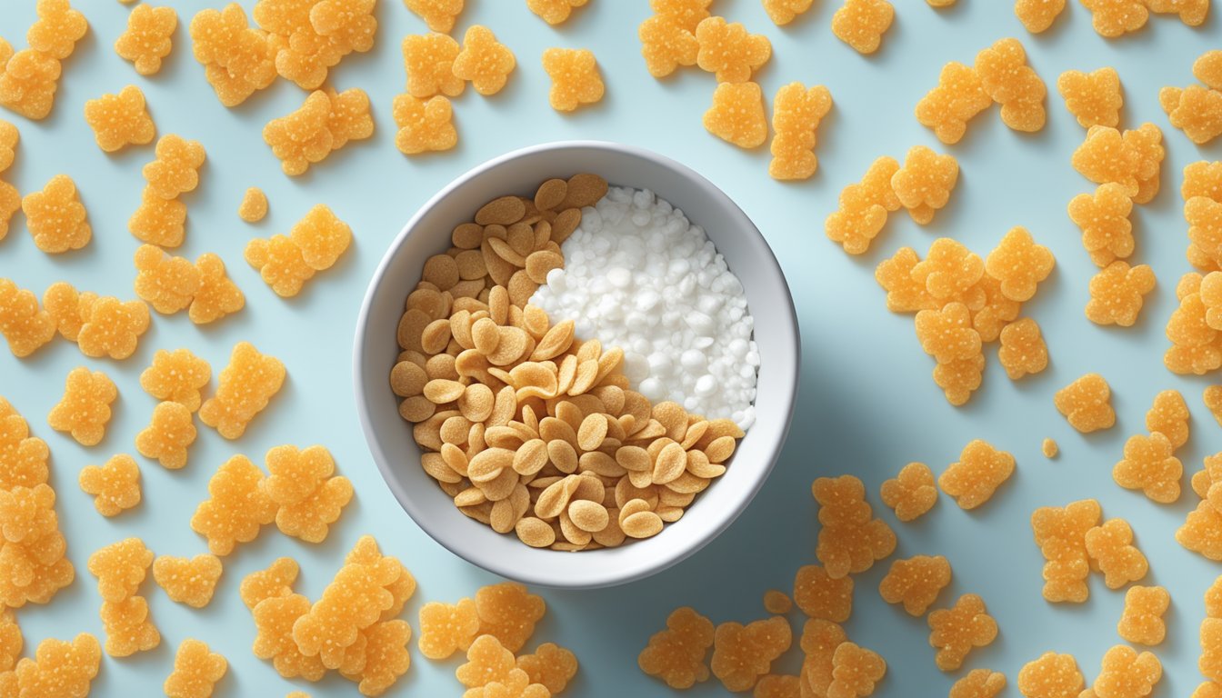 A bowl of frosted flakes and honey smacks side by side, surrounded by scattered grains and a measuring scale