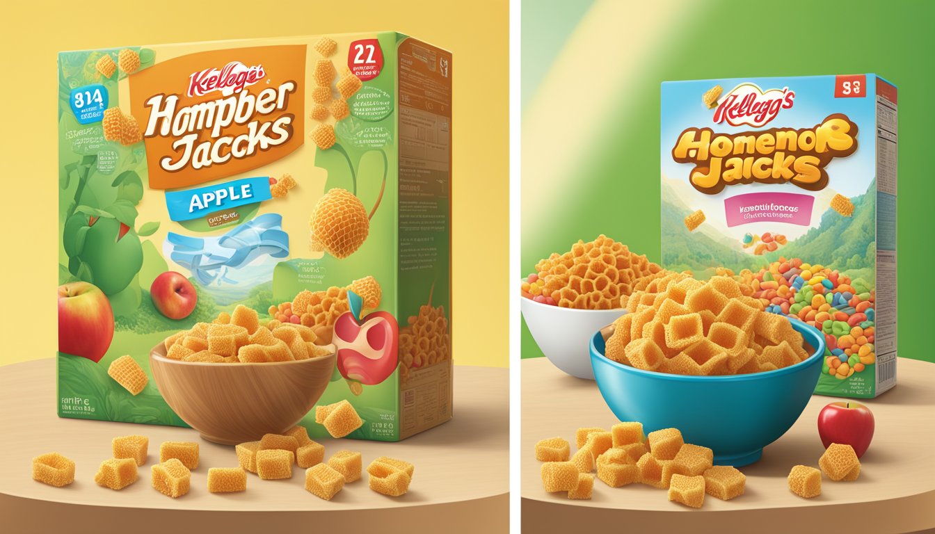 A vibrant comparison of a honeycomb and a bowl of Kellogg's Apple Jacks, showcasing the nutritional content of each cereal