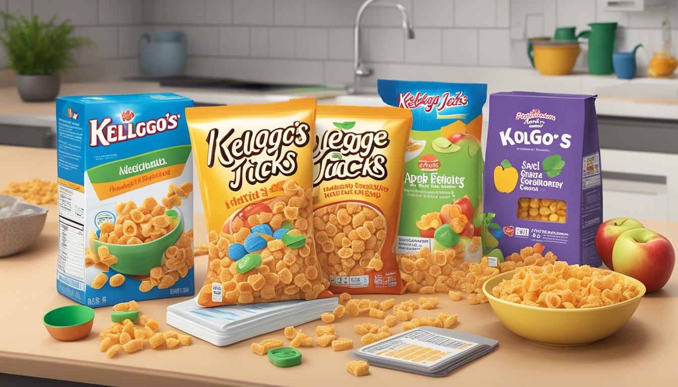 A honeycomb and a box of Kellogg's Apple Jacks sit on a kitchen counter, surrounded by scattered nutrition labels and a calculator