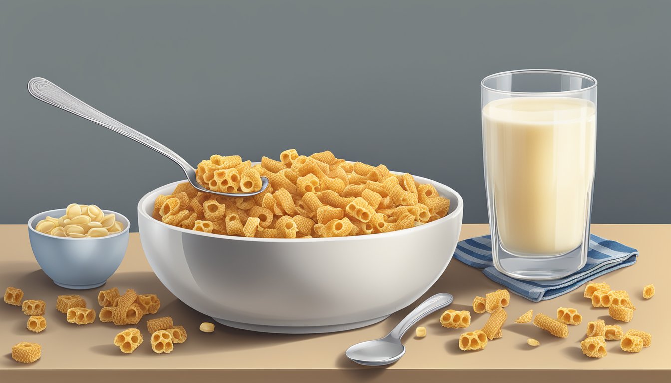 A table with a bowl of honeycomb cereal next to a bowl of Kellogg's Apple Jacks, with a glass of milk and a spoon