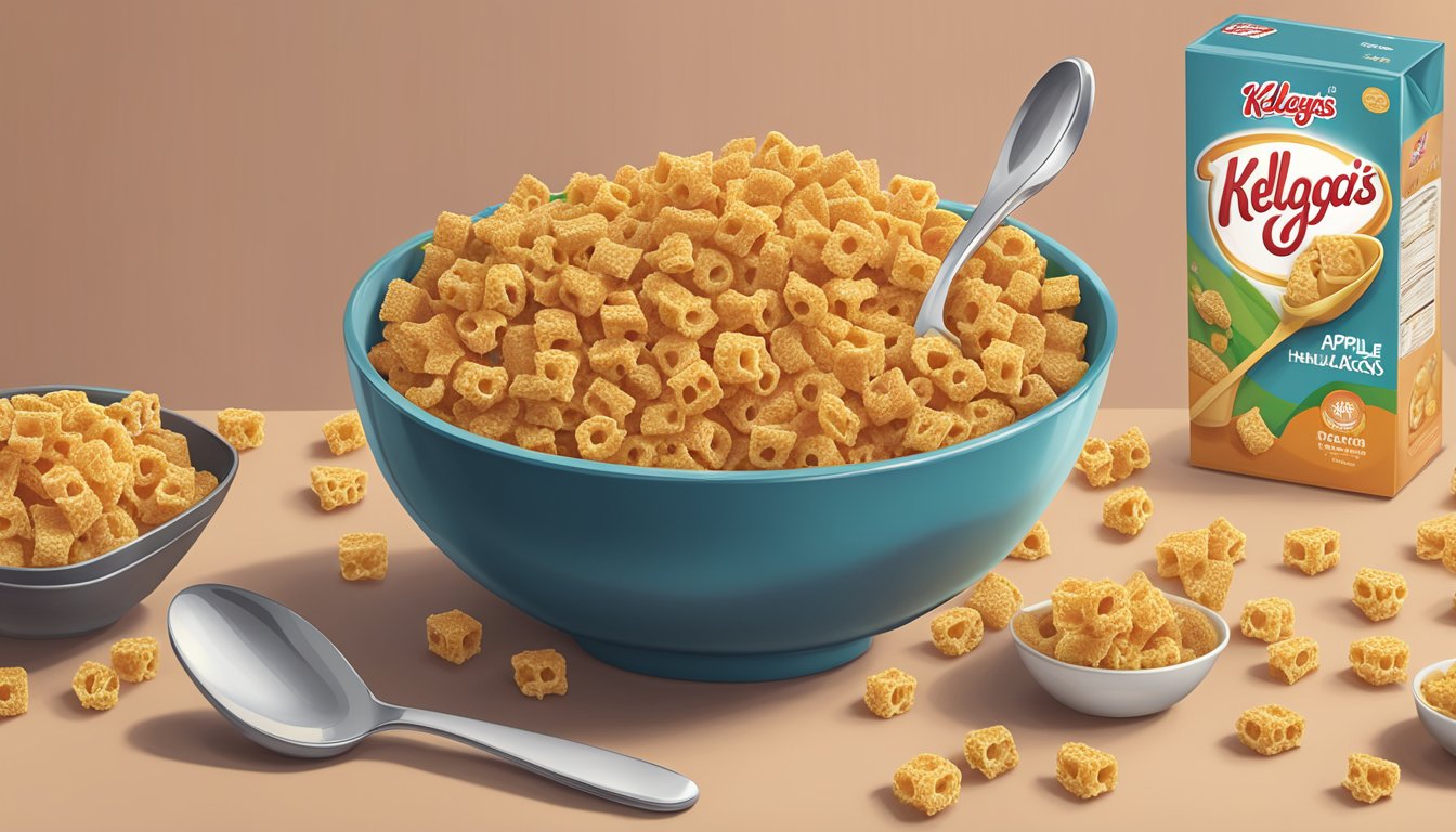 A table with a bowl of honeycomb cereal next to a bowl of Kellogg's Apple Jacks. A spoon is placed next to each bowl