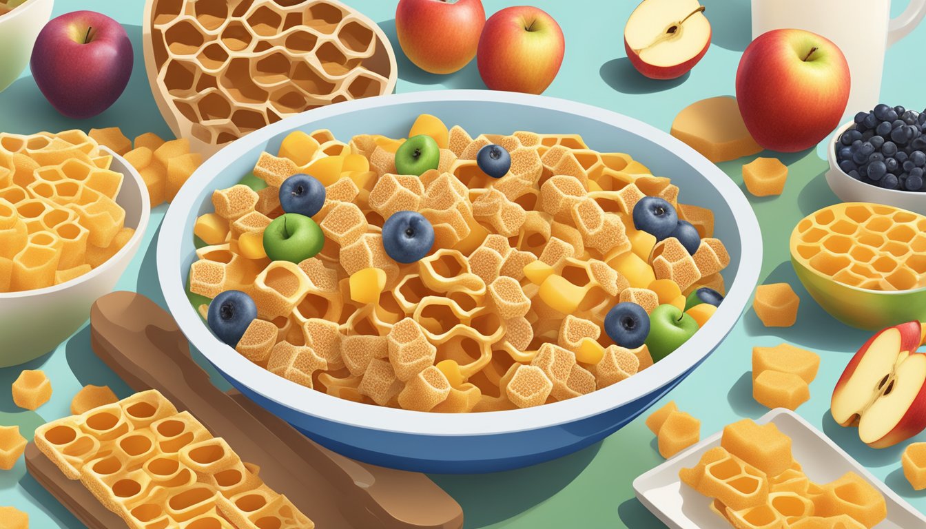 A bowl of Honeycomb and Kellogg's Apple Jacks side by side, surrounded by various fruits and a glass of milk