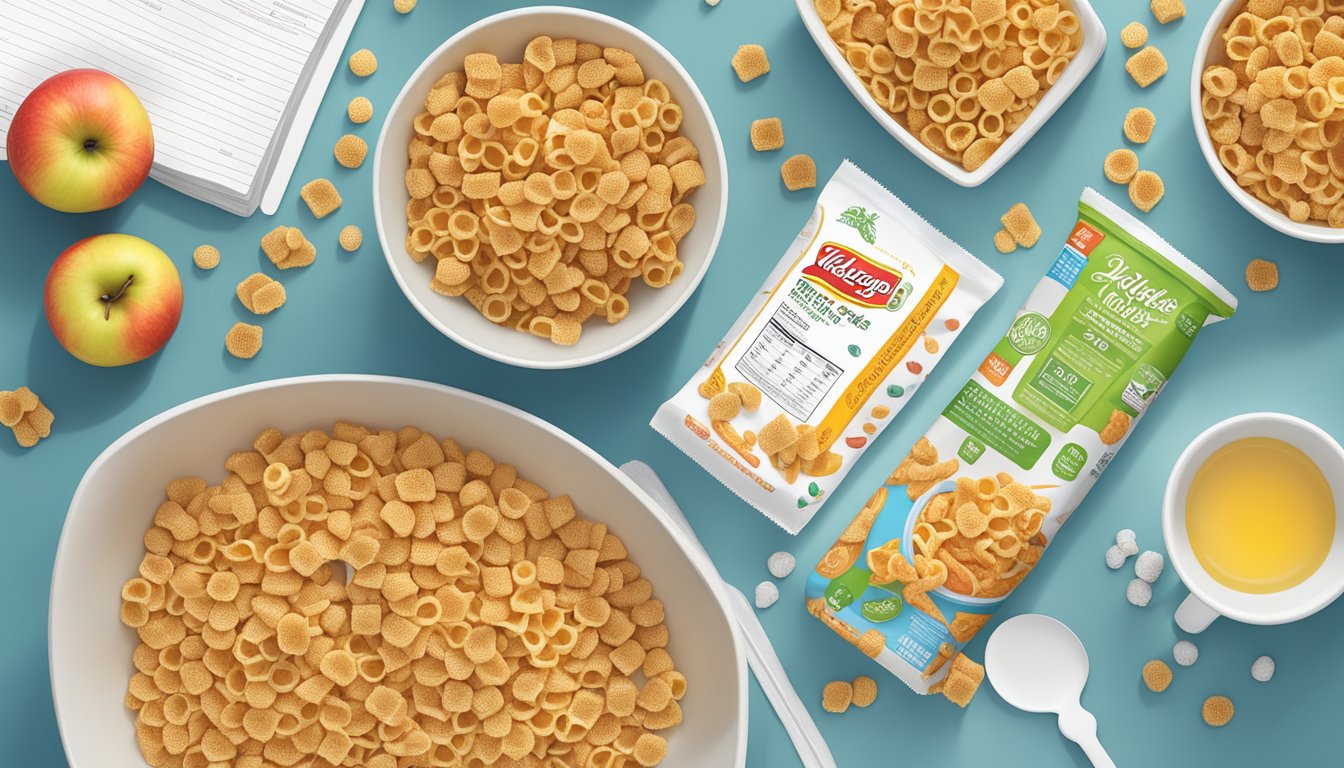 A table with a bowl of honeycomb cereal next to a bowl of Kellogg's Apple Jacks, surrounded by measuring cups and nutrition labels