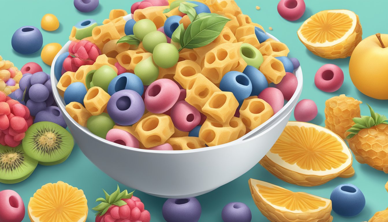 A bowl of honeycomb cereal next to a bowl of Froot Loops, surrounded by various fruits and a measuring tape