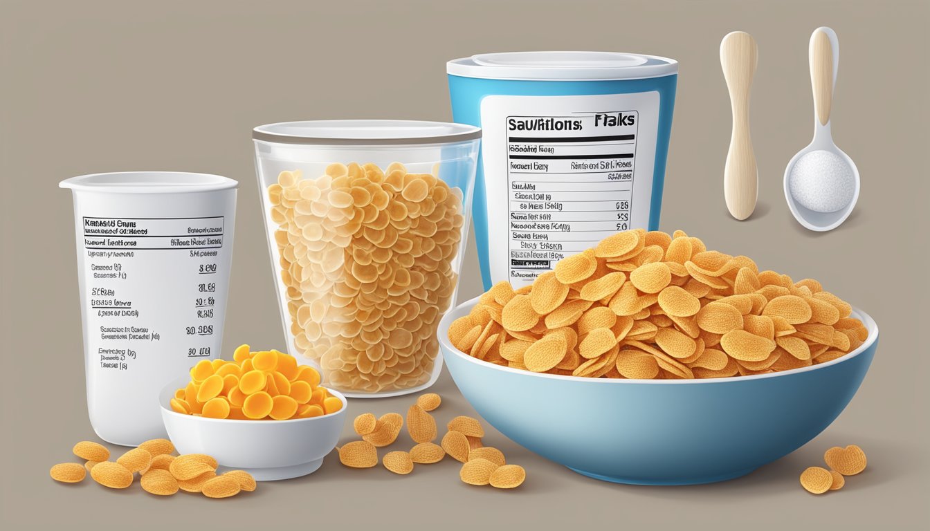 A bowl of frosted flakes and honey smacks next to each other, surrounded by measuring cups and nutritional labels