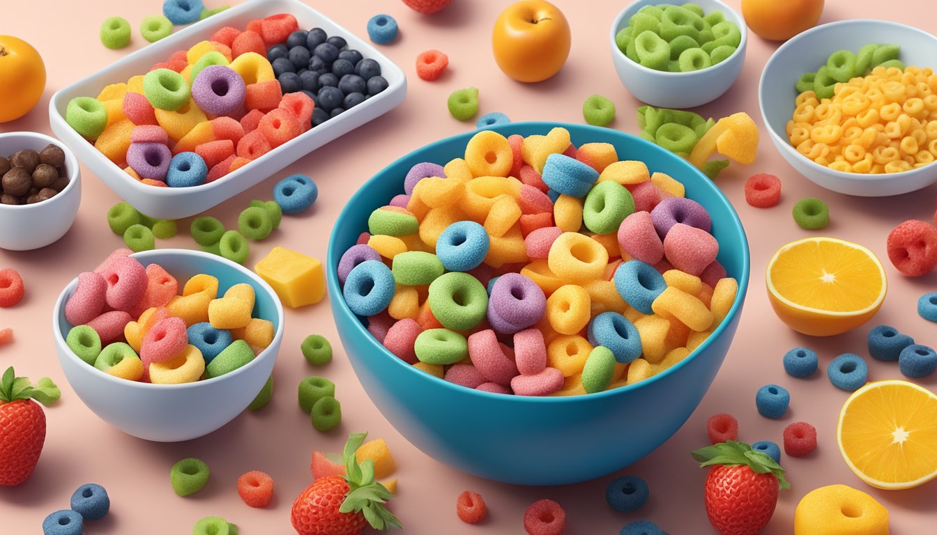 A colorful bowl of Kellogg's Froot Loops next to a bowl of honeycomb cereal surrounded by vibrant fruits and vegetables