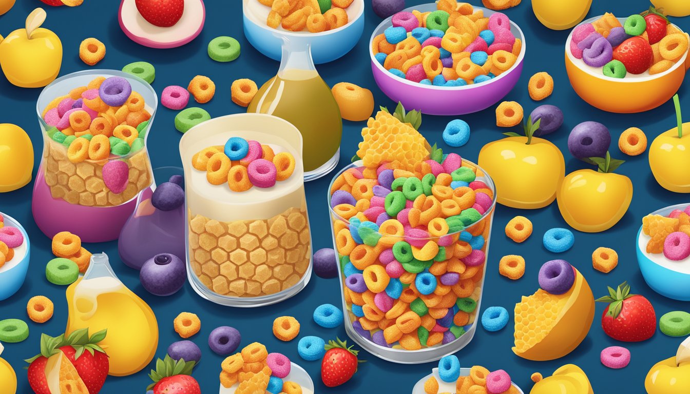 A vibrant display of honeycomb and Kellogg's Froot Loops surrounded by fresh fruits and a glass of milk, highlighting the choice between natural honeycomb and the colorful cereal