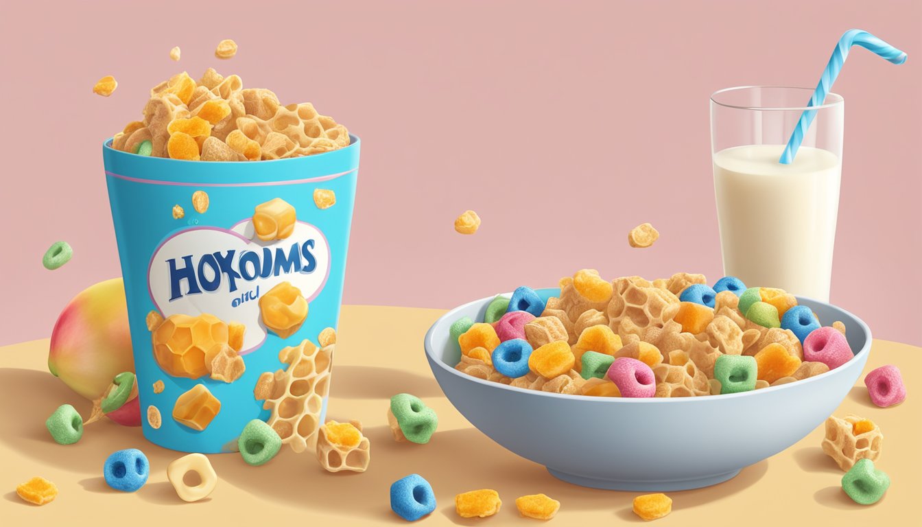 A bowl of honeycomb and Lucky Charms cereals side by side, surrounded by fresh fruits and a glass of milk