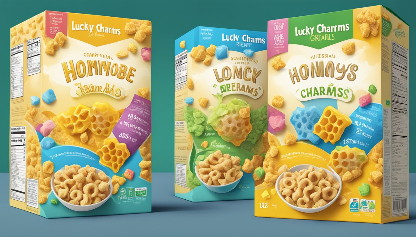 A comparison of honeycomb and lucky charms cereal boxes with nutritional information displayed prominently