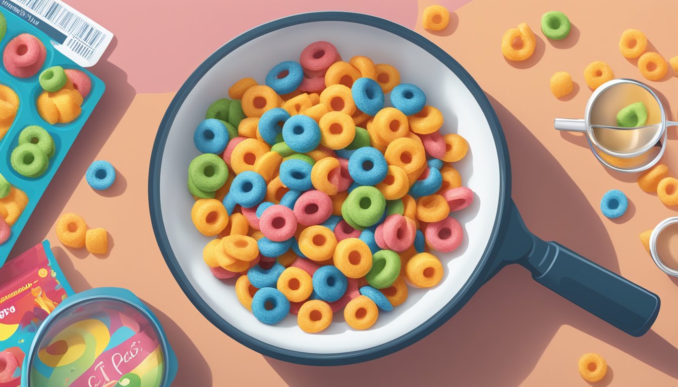 A honeycomb and a bowl of Kellogg's Froot Loops side by side, with a magnifying glass examining their nutritional information