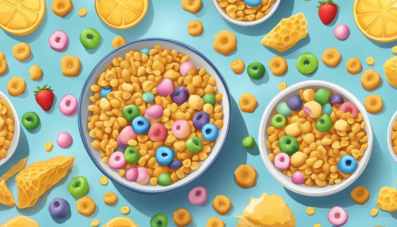 A bowl of honeycomb cereal next to a bowl of Lucky Charms, surrounded by a variety of fresh fruits and a glass of milk