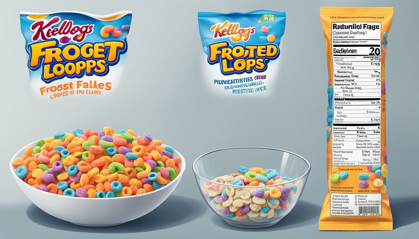 A bowl of Frosted Flakes and a bowl of Kellogg's Froot Loops side by side, with their respective nutritional information displayed next to them