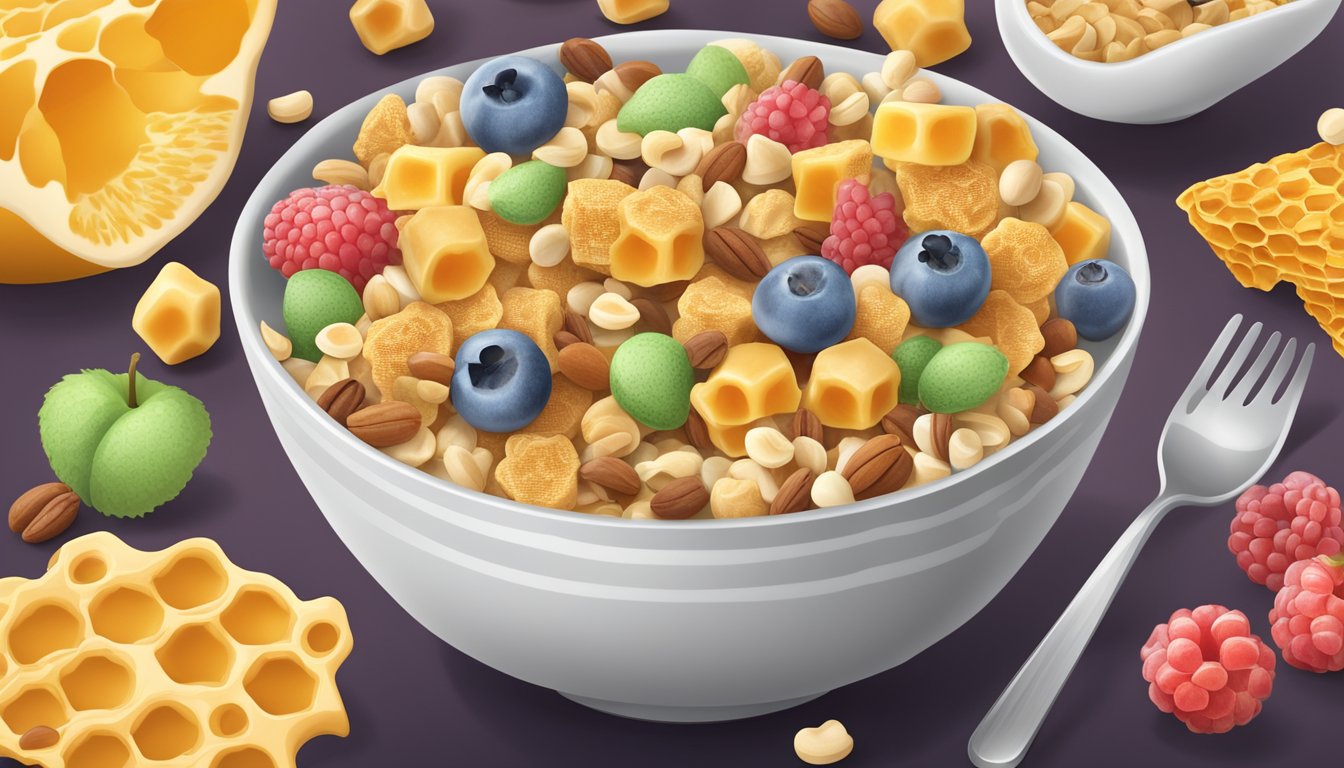 A bowl of honeycomb and lucky charms cereal next to a nutrition label and a variety of fruits and nuts