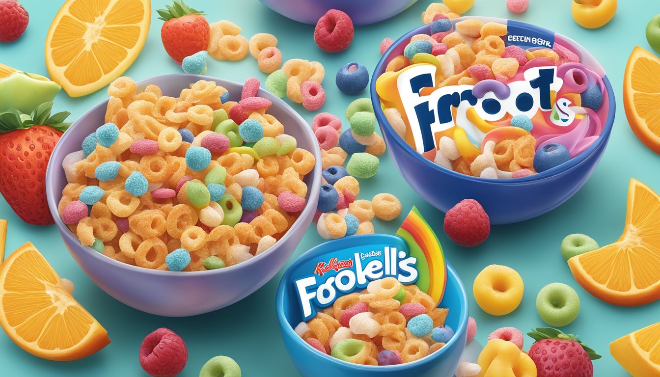 A bowl of frosted flakes and a bowl of Kellogg's Froot Loops sitting side by side, surrounded by colorful packaging and a variety of fresh fruits