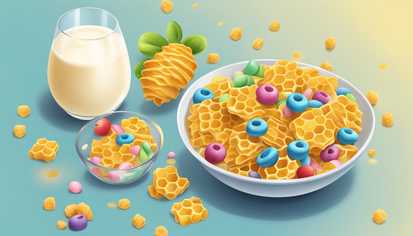 A bowl of honeycomb and lucky charms cereal next to each other, surrounded by fresh fruit and a glass of milk