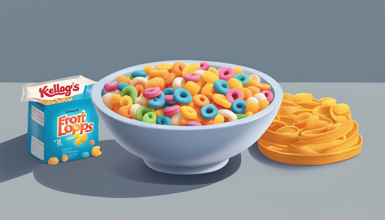 A bowl of frosted flakes and a bowl of Kellogg's Froot Loops side by side, with a tape measure wrapping around both to symbolize comparison