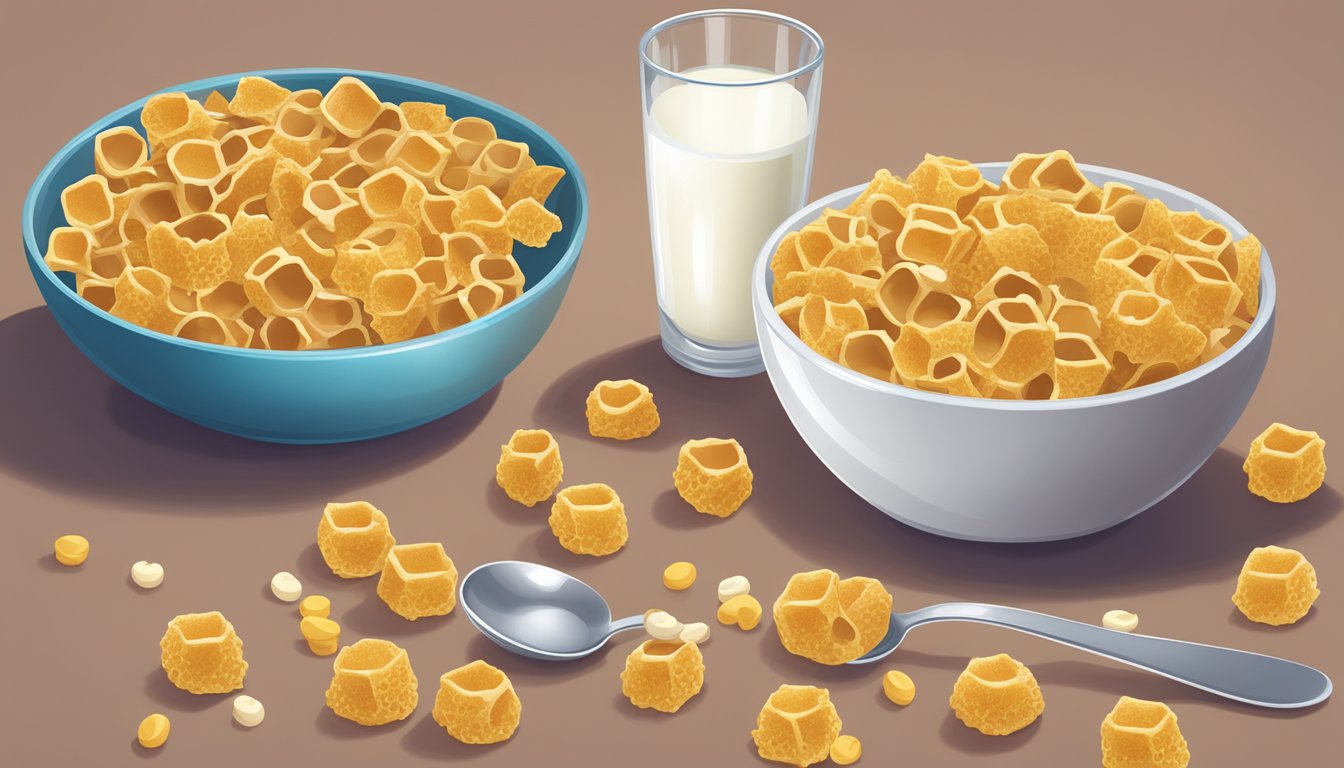 A bowl of honeycomb cereal next to a bowl of lucky charms on a kitchen table, with a glass of milk and a spoon