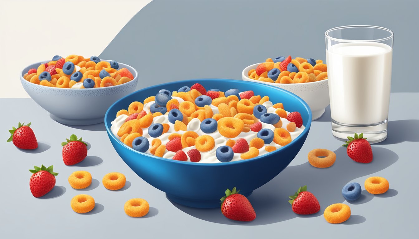 A bowl of frosted flakes and a bowl of Kellogg's Froot Loops surrounded by fresh fruit and nuts, with a glass of milk on the side