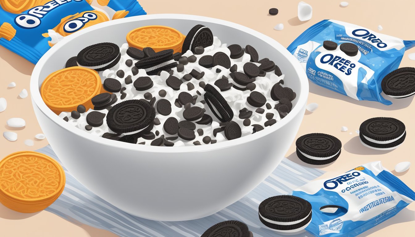 A bowl of frosted flakes and Oreo O's with a nutrition label and ingredients scattered around for comparison