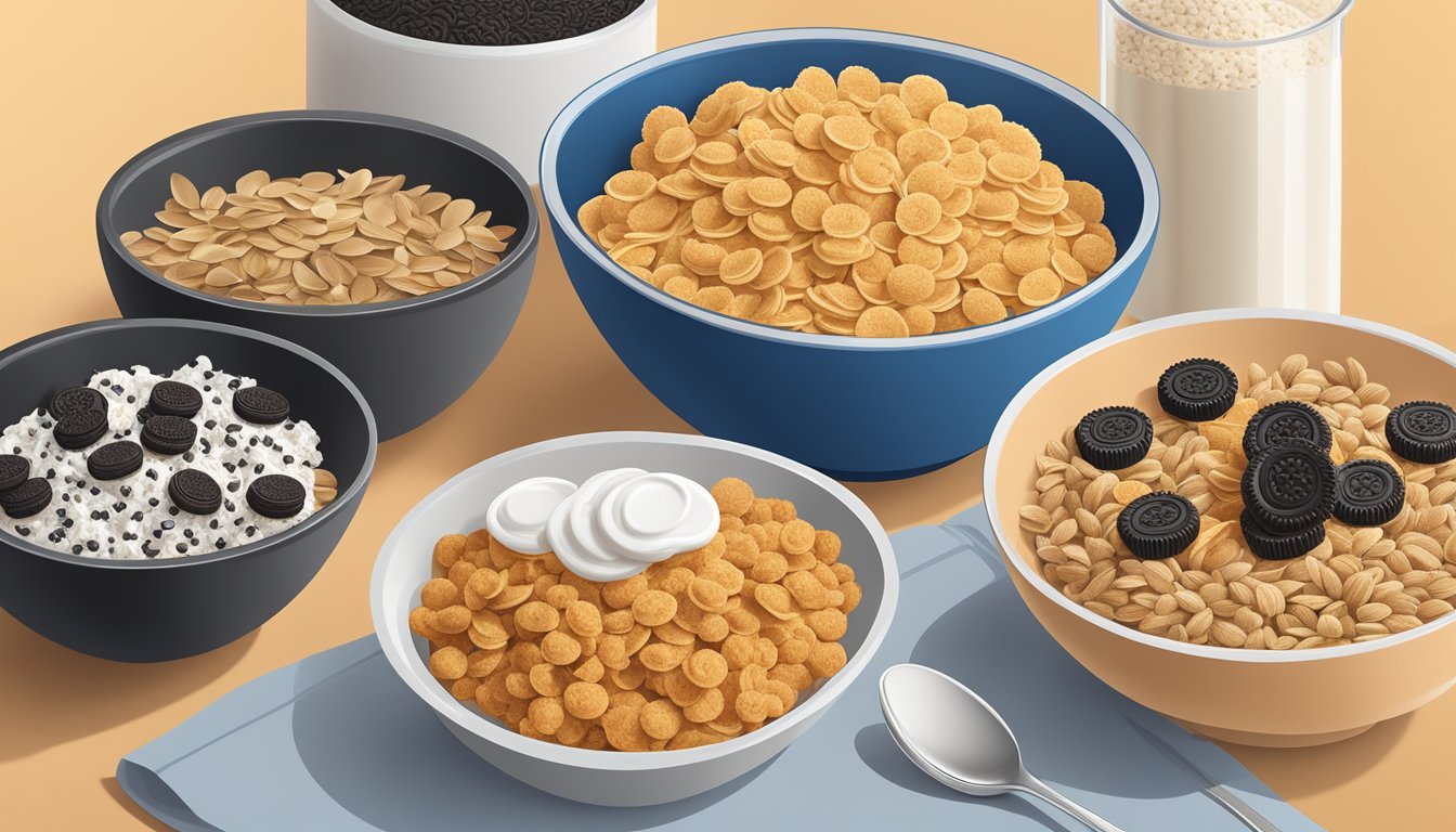 A bowl of frosted flakes and a bowl of Oreo O's sit side by side, surrounded by various healthy cereal alternatives such as granola, bran flakes, and whole grain oats