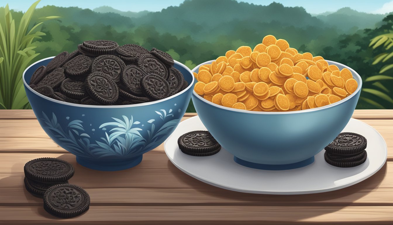 A bowl of frosted flakes and a bowl of Oreo O's sit side by side on a wooden table, surrounded by images of rainforests and ethical farming practices