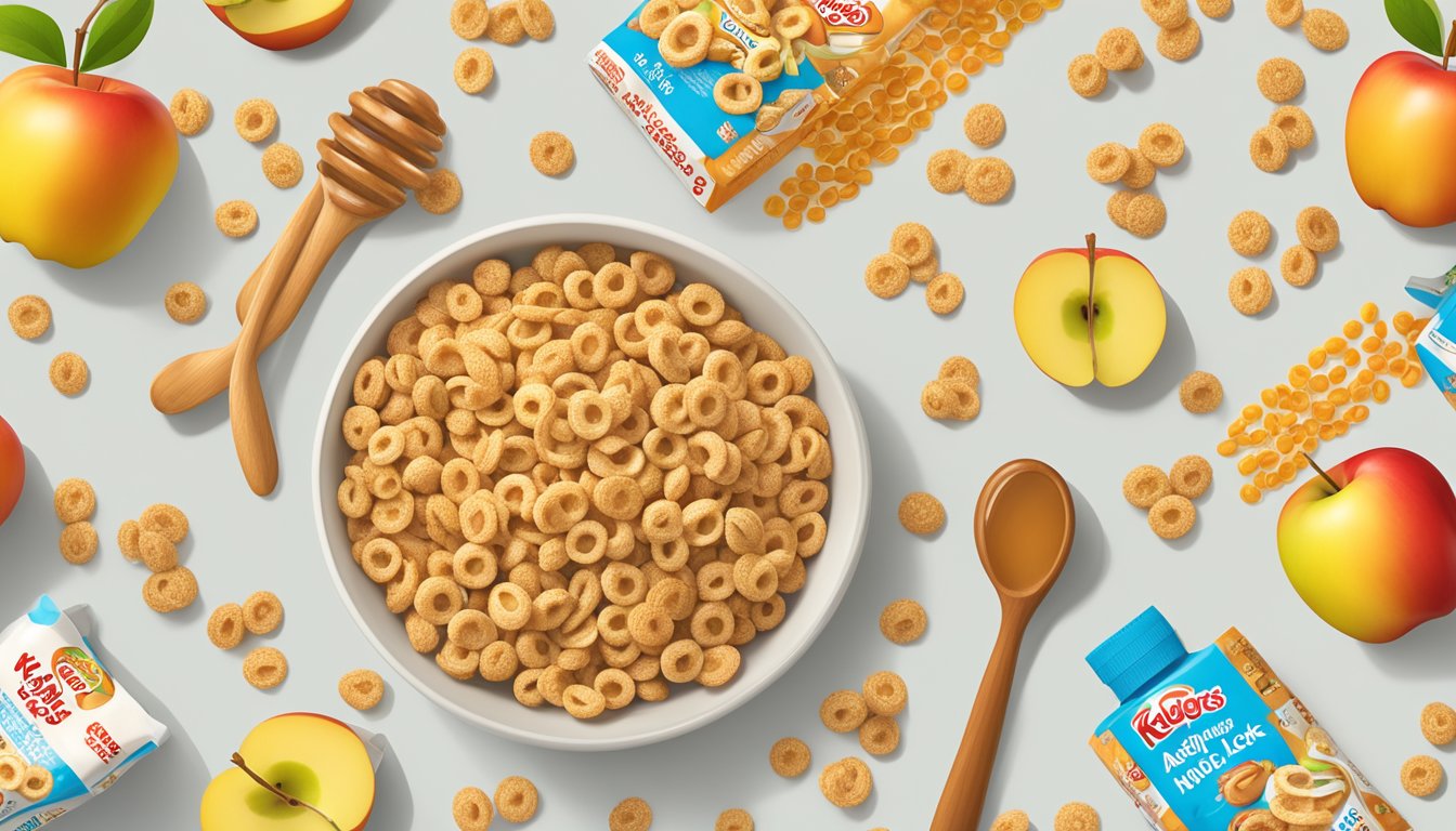 A bowl of Honey Nut Cheerios and Kellogg's Apple Jacks surrounded by scattered oats and apple slices. Nutritional labels and measuring spoons sit nearby