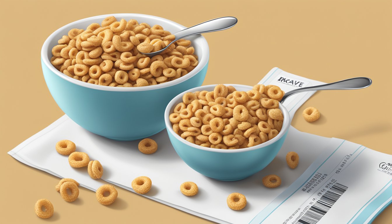 A bowl of honey nut cheerios and krave cereal next to each other, with a nutrition label and a spoon placed nearby for comparison