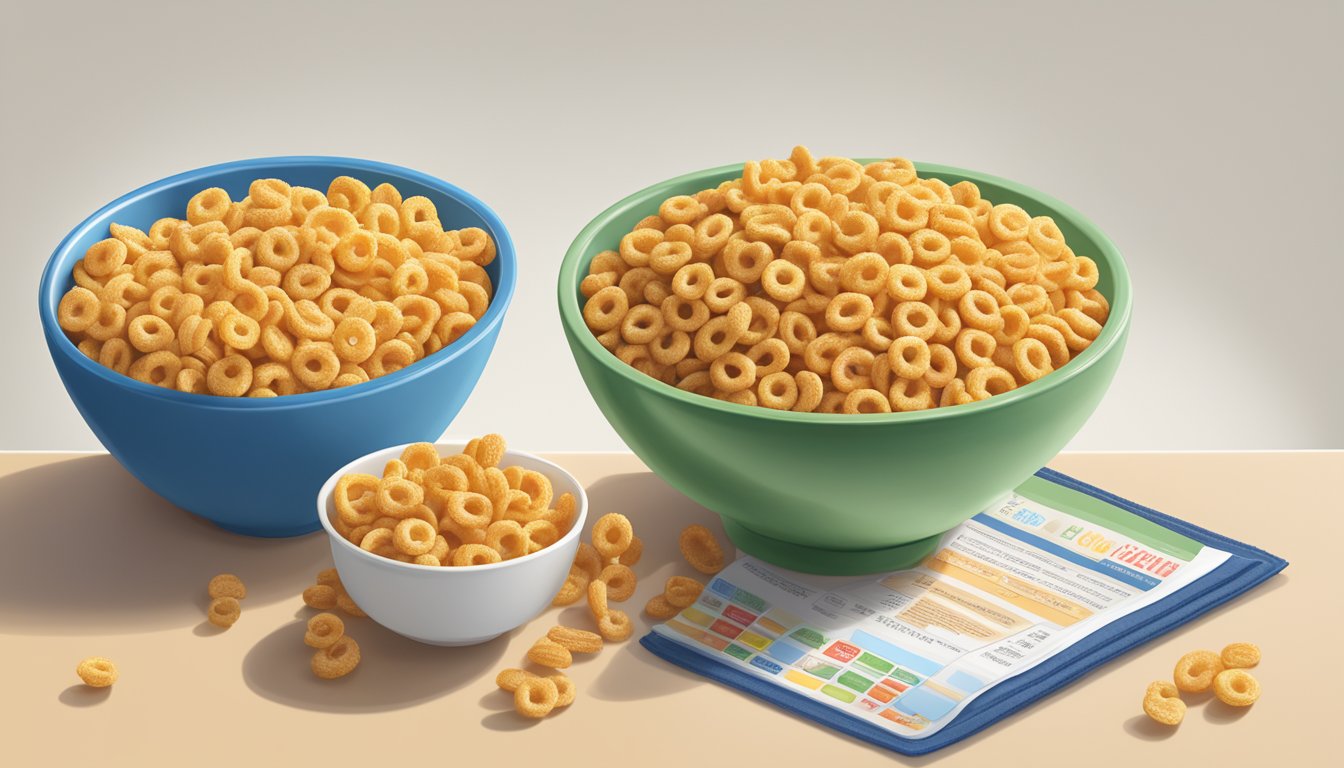 A bowl of Honey Nut Cheerios and a bowl of Kellogg's Apple Jacks next to each other, with a measuring tape and nutritional information labels