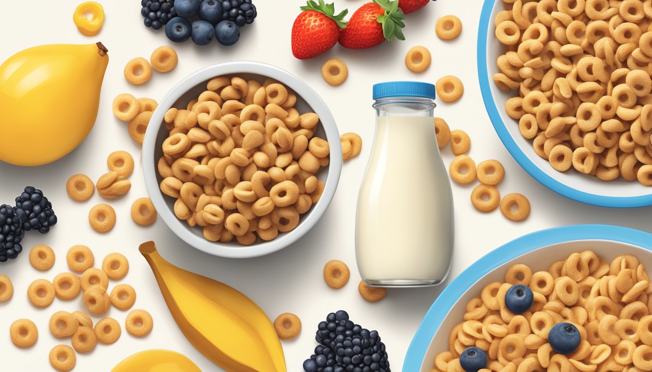 A bowl of Honey Nut Cheerios and Krave cereal next to each other, surrounded by fresh fruits and a glass of milk