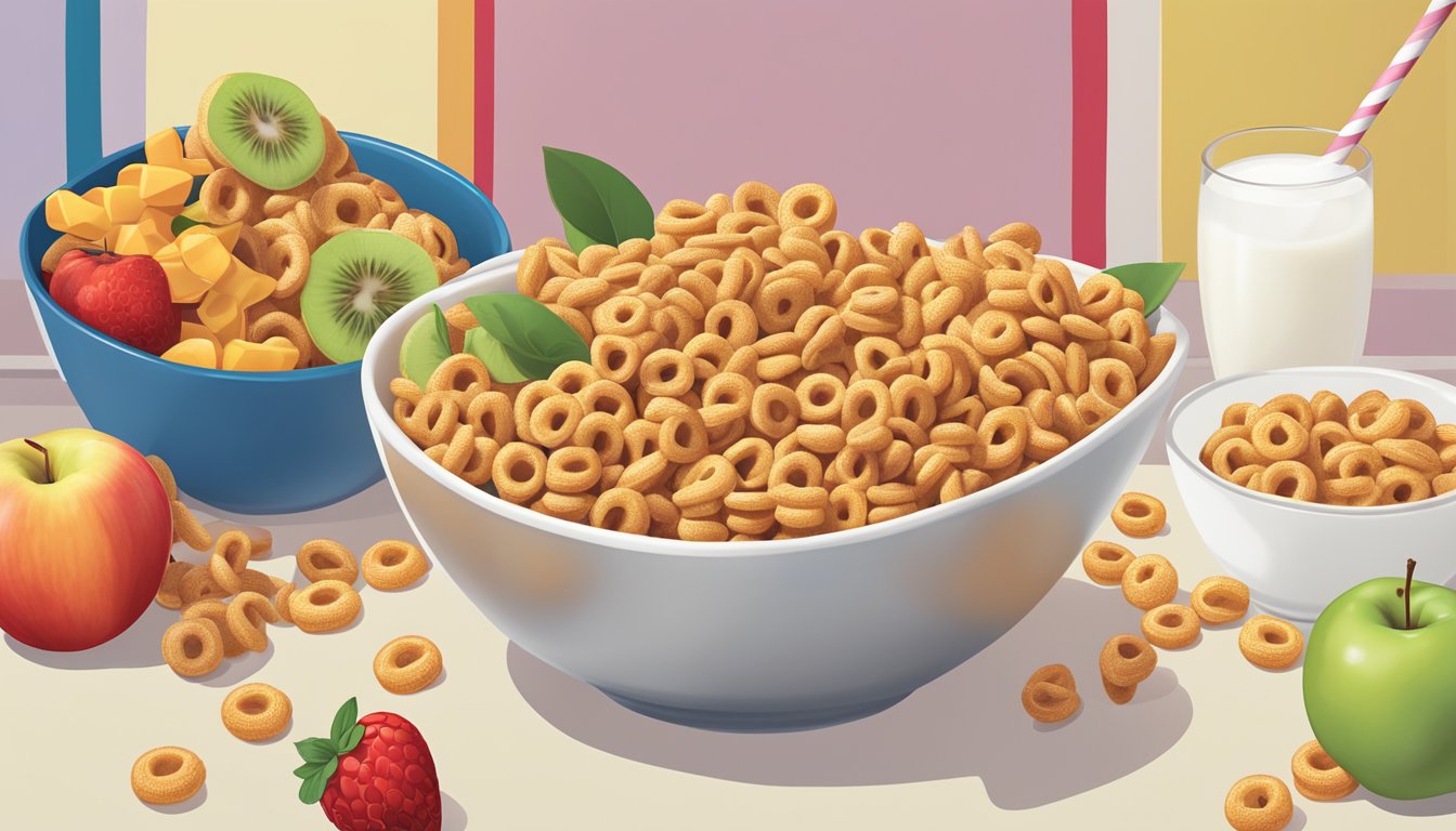 A bowl of Honey Nut Cheerios and a bowl of Kellogg's Apple Jacks, surrounded by various fruits and a glass of milk