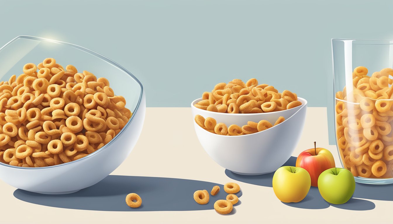 A bowl of Honey Nut Cheerios and a bowl of Kellogg's Apple Jacks side by side, surrounded by fresh fruits and a glass of milk