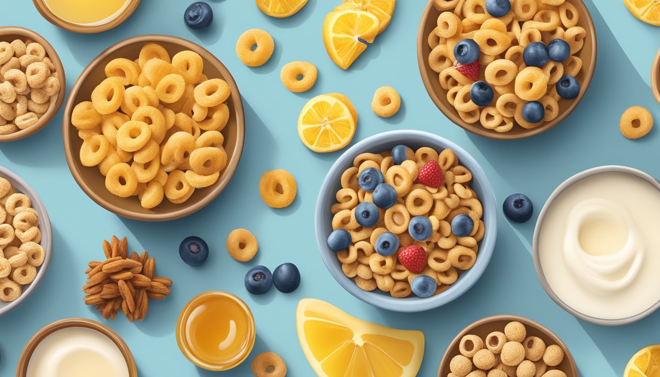 A bowl of Honey Nut Cheerios and Krave cereal next to each other, surrounded by a variety of fresh fruits and a glass of milk