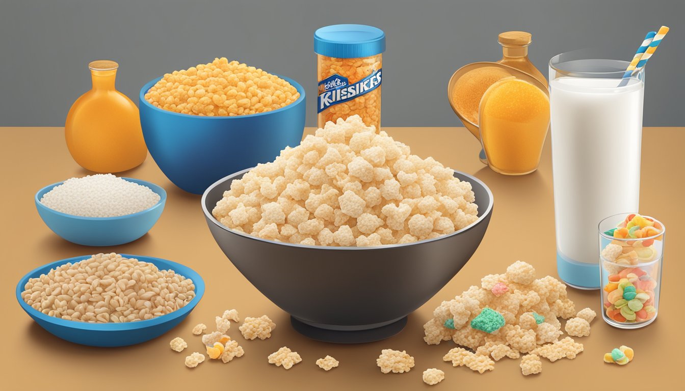 A bowl of frosted flakes and a bowl of rice krispies surrounded by their respective ingredients and additives, with a scale nearby