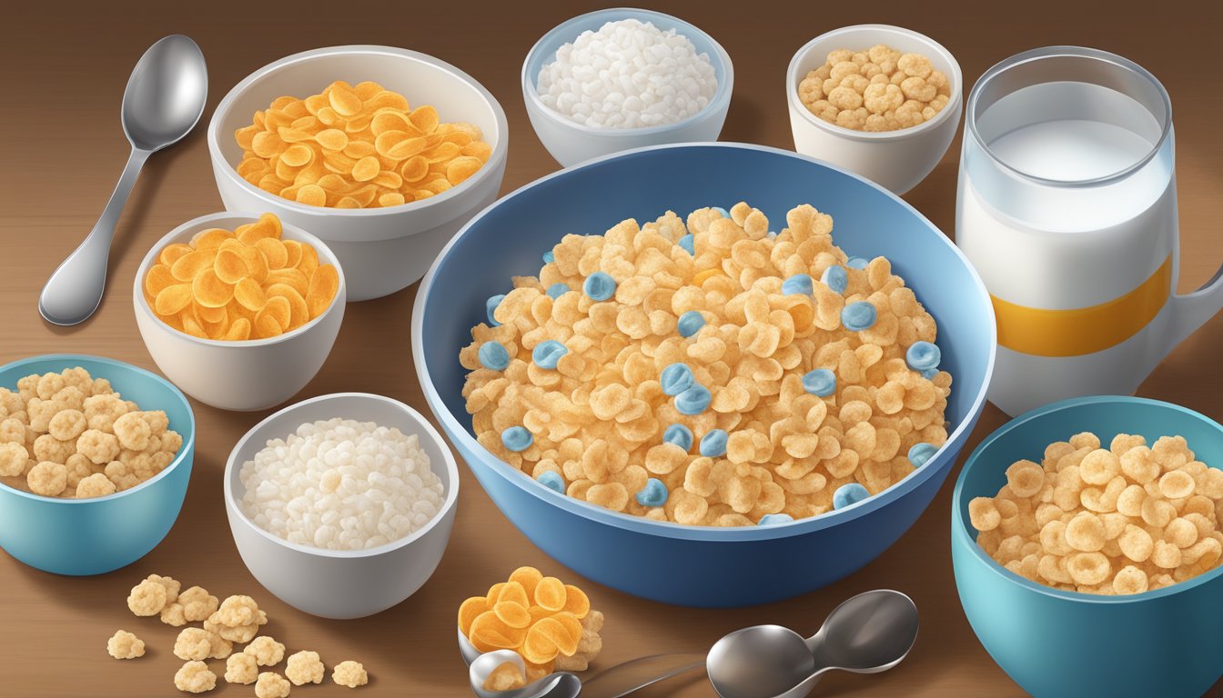 A bowl of frosted flakes and a bowl of rice krispies with milk, surrounded by measuring cups and spoons