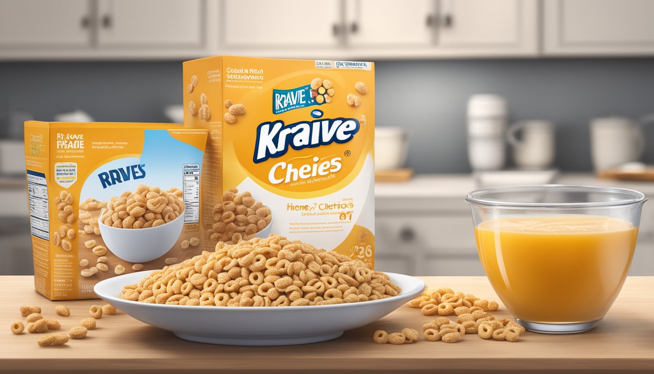 A bowl of Honey Nut Cheerios and Krave cereal surrounded by measuring cups of sugar and fiber, with a nutrition label in the background