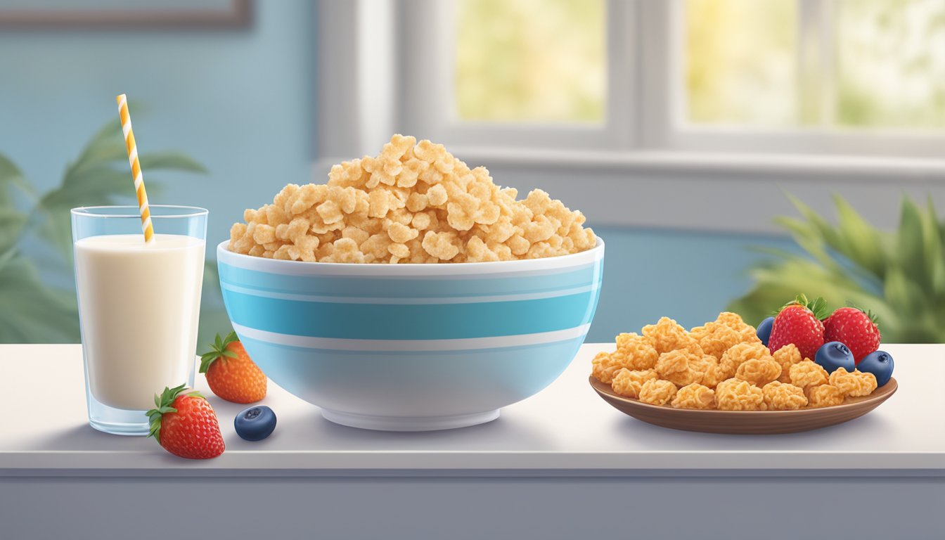 A bowl of frosted flakes and a bowl of rice krispies sit side by side on a table, surrounded by fresh fruits and a glass of milk