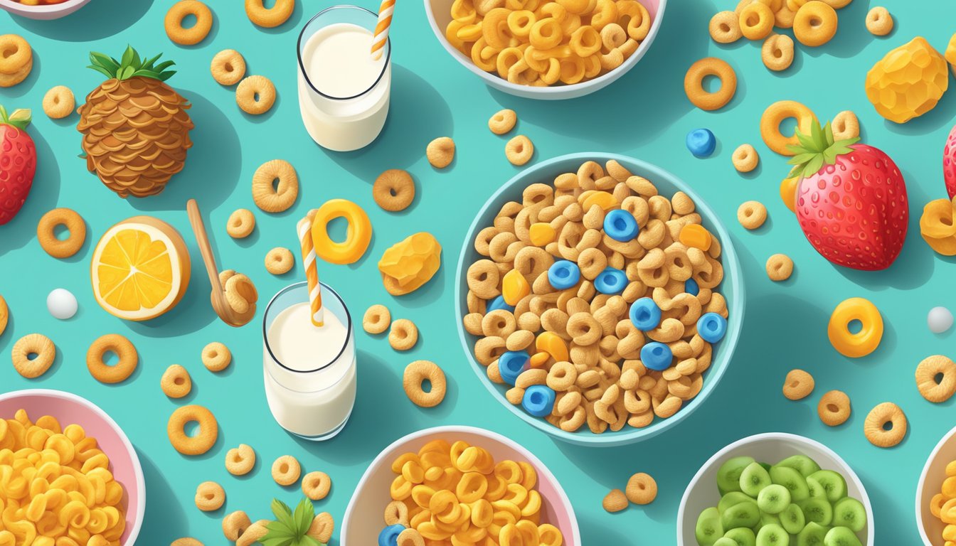 A bowl of Honey Nut Cheerios and Lucky Charms side by side, surrounded by a variety of fresh fruits and a glass of milk